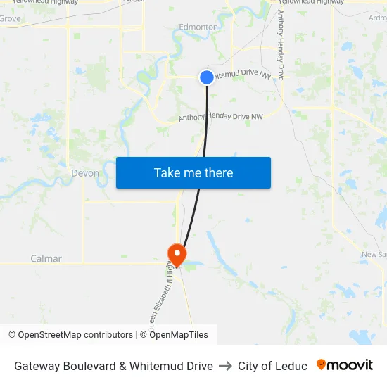 Gateway Boulevard & Whitemud Drive to City of Leduc map