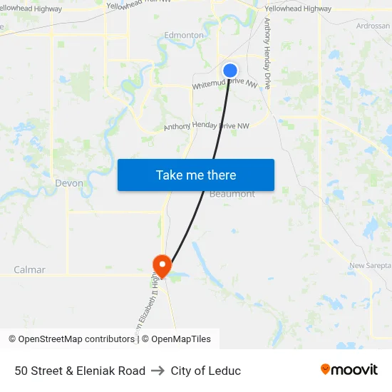 50 Street & Eleniak Road to City of Leduc map