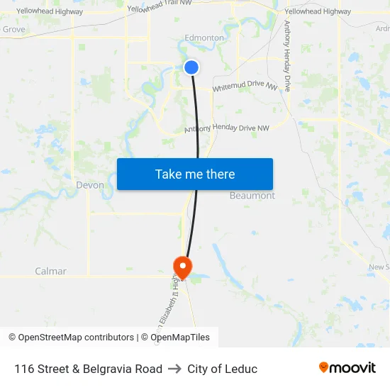 116 Street & Belgravia Road to City of Leduc map