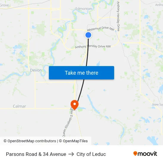 Parsons Road & 34 Avenue to City of Leduc map