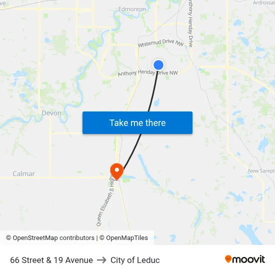 66 Street & 19 Avenue to City of Leduc map