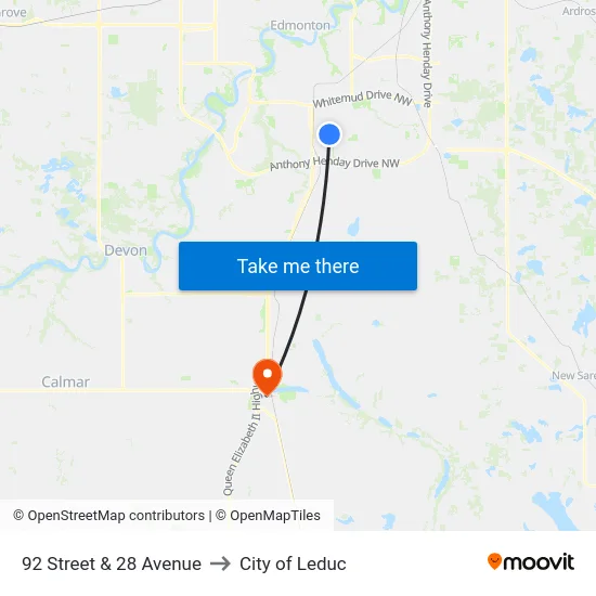 92 Street & 28 Avenue to City of Leduc map