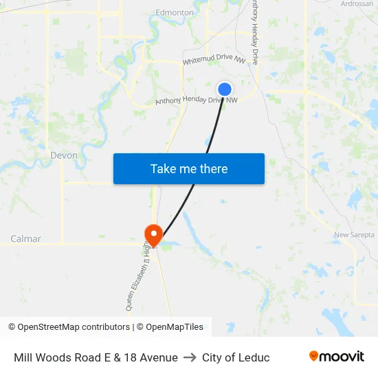 Mill Woods Road E & 18 Avenue to City of Leduc map