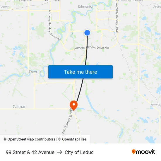 99 Street & 42 Avenue to City of Leduc map