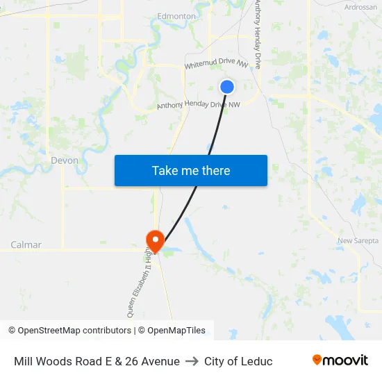 Mill Woods Road E & 26 Avenue to City of Leduc map