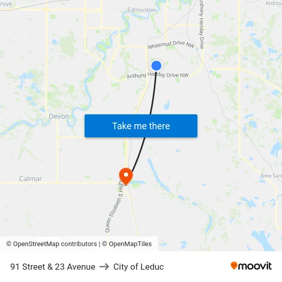 91 Street & 23 Avenue to City of Leduc map