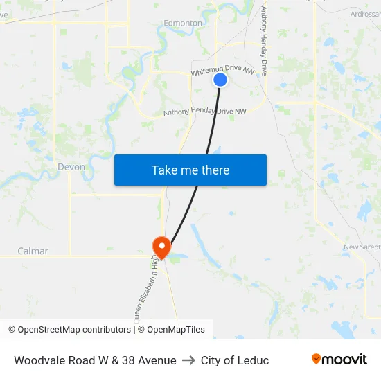 Woodvale Road W & 38 Avenue to City of Leduc map