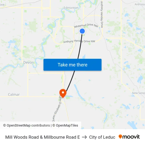 Mill Woods Road & Millbourne Road E to City of Leduc map