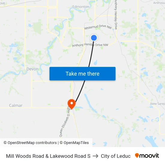Mill Woods Road & Lakewood Road S to City of Leduc map