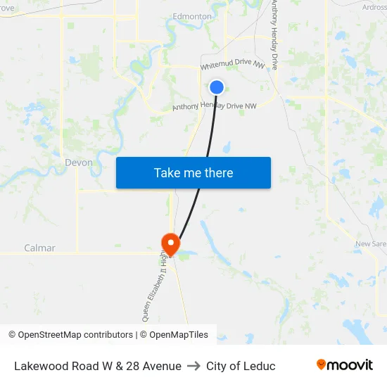 Lakewood Road W & 28 Avenue to City of Leduc map