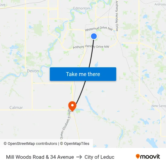 Mill Woods Road & 34 Avenue to City of Leduc map
