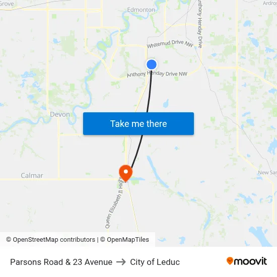 Parsons Road & 23 Avenue to City of Leduc map
