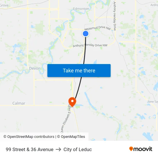 99 Street & 36 Avenue to City of Leduc map