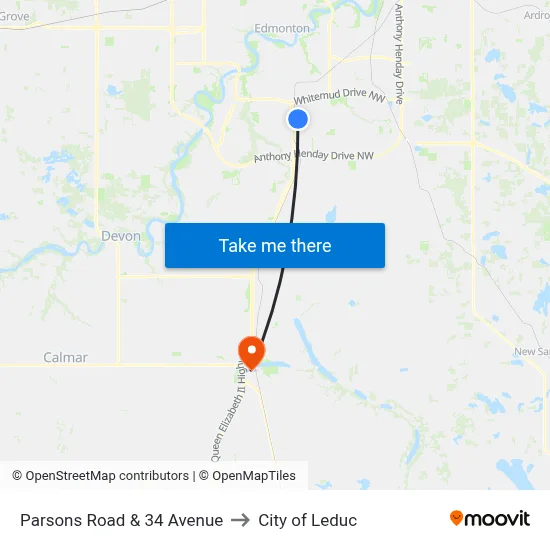 Parsons Road & 34 Avenue to City of Leduc map