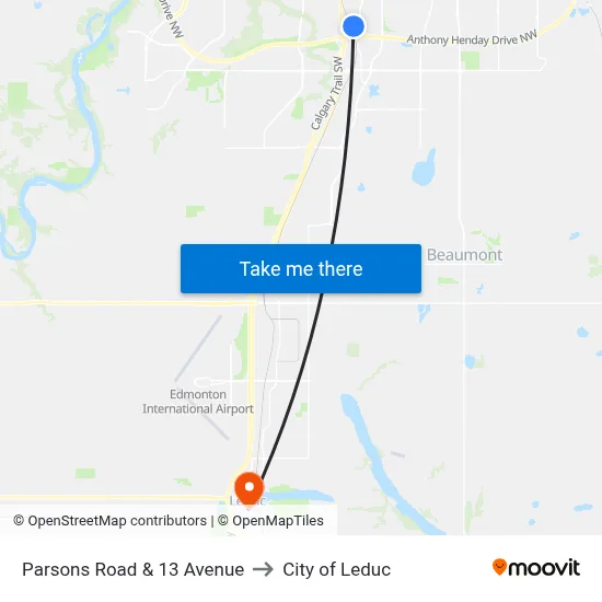Parsons Road & 13 Avenue to City of Leduc map