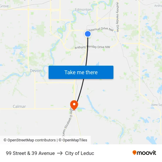 99 Street & 39 Avenue to City of Leduc map