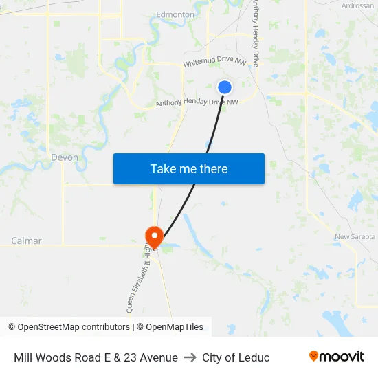 Mill Woods Road E & 23 Avenue to City of Leduc map