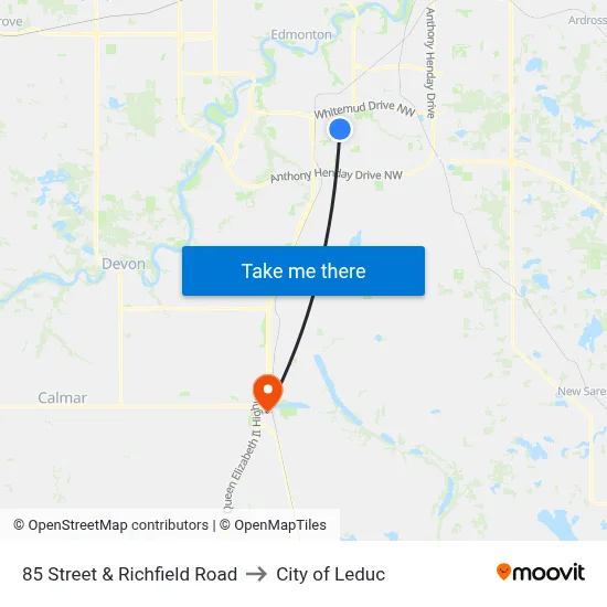85 Street & Richfield Road to City of Leduc map