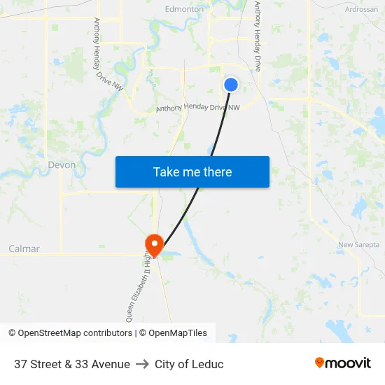 37 Street & 33 Avenue to City of Leduc map