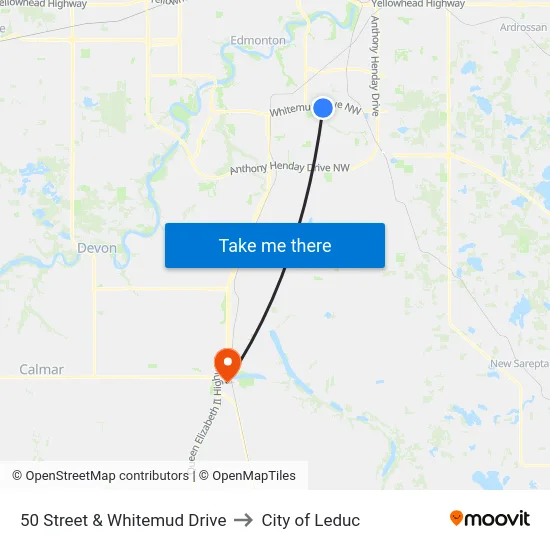 50 Street & Whitemud Drive to City of Leduc map