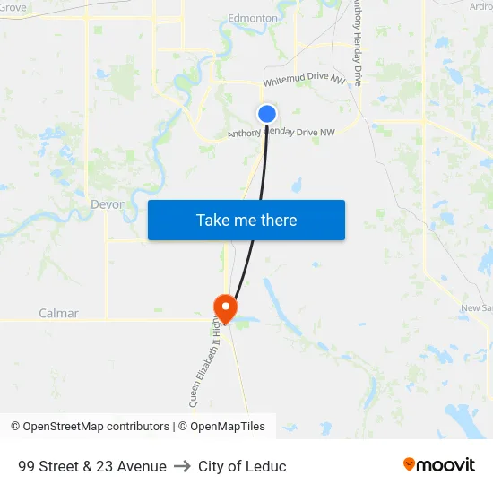 99 Street & 23 Avenue to City of Leduc map