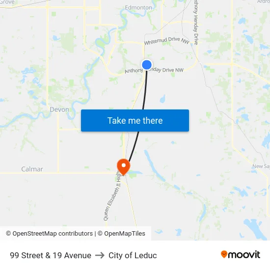 99 Street & 19 Avenue to City of Leduc map