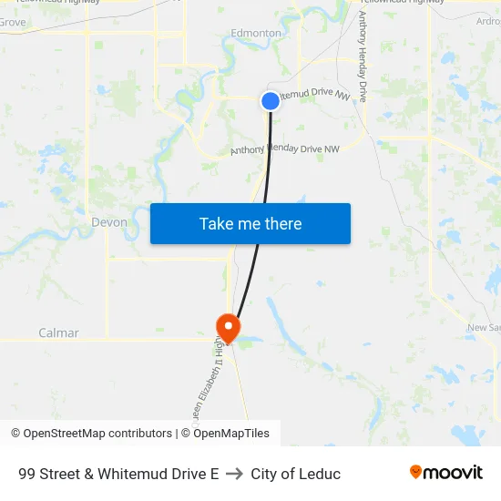 99 Street & Whitemud Drive E to City of Leduc map