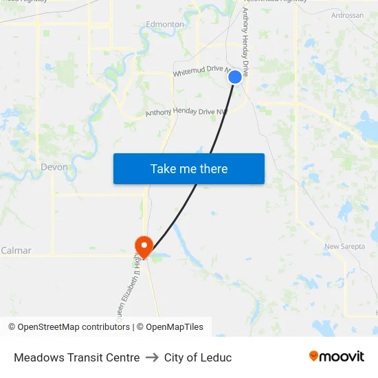 Meadows Transit Centre to City of Leduc map
