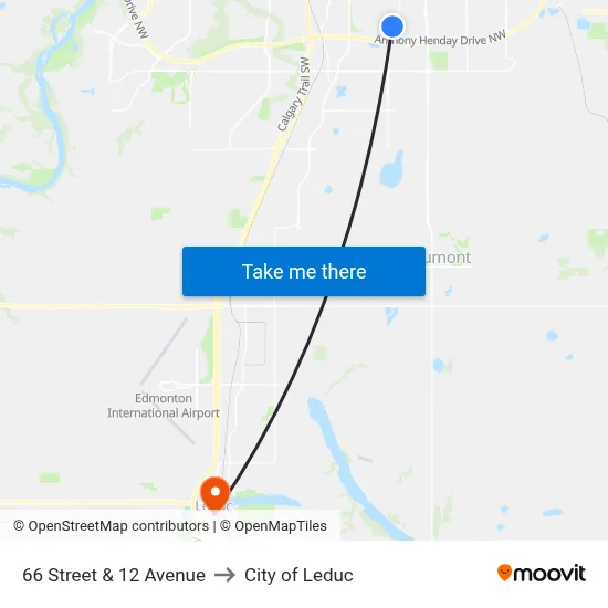 66 Street & 12 Avenue to City of Leduc map