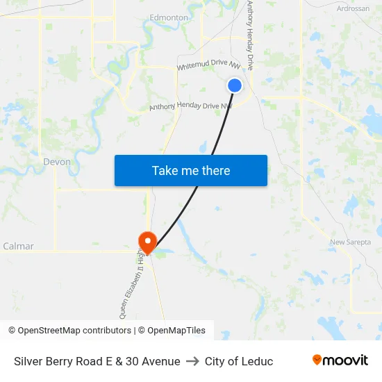 Silver Berry Road E & 30 Avenue to City of Leduc map