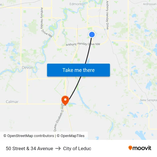 50 Street & 34 Avenue to City of Leduc map