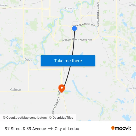 97 Street & 39 Avenue to City of Leduc map