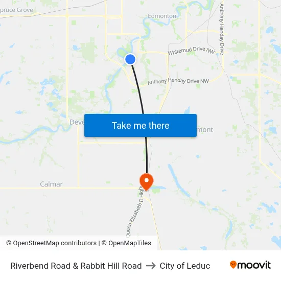Riverbend Road & Rabbit Hill Road to City of Leduc map