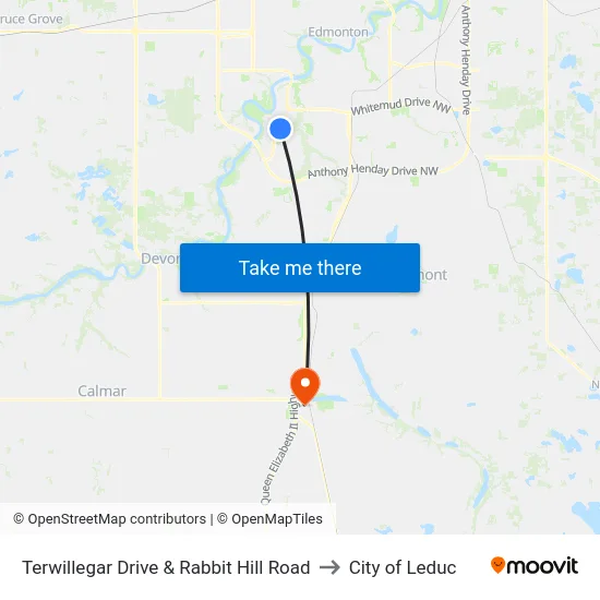 Terwillegar Drive & Rabbit Hill Road to City of Leduc map