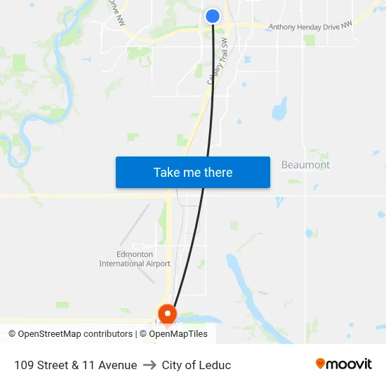 109 Street & 11 Avenue to City of Leduc map
