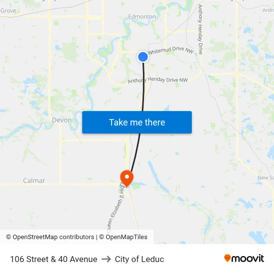 106 Street & 40 Avenue to City of Leduc map