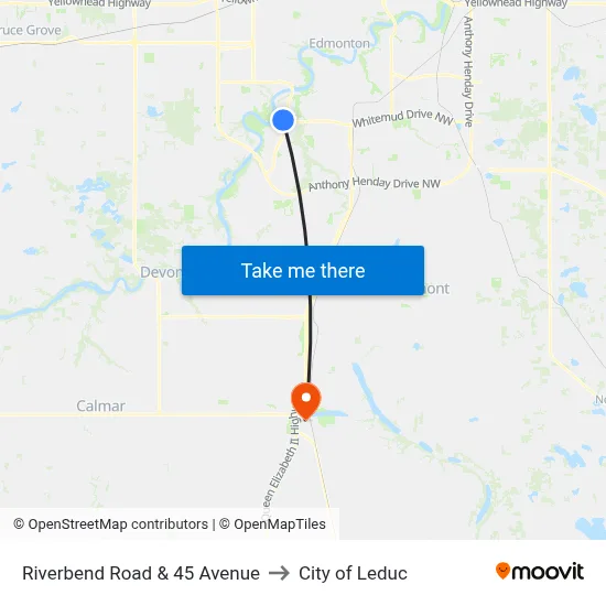 Riverbend Road & 45 Avenue to City of Leduc map
