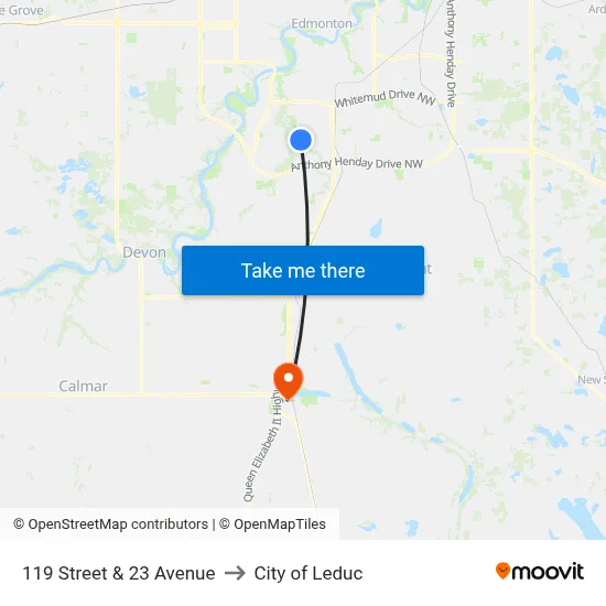 119 Street & 23 Avenue to City of Leduc map