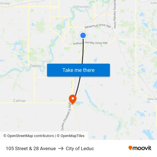105 Street & 28 Avenue to City of Leduc map