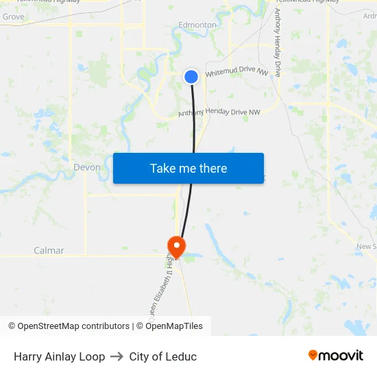 Harry Ainlay Loop to City of Leduc map