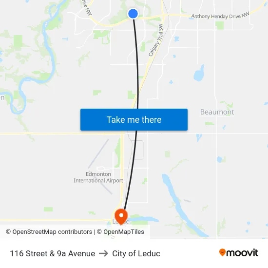 116 Street & 9a Avenue to City of Leduc map