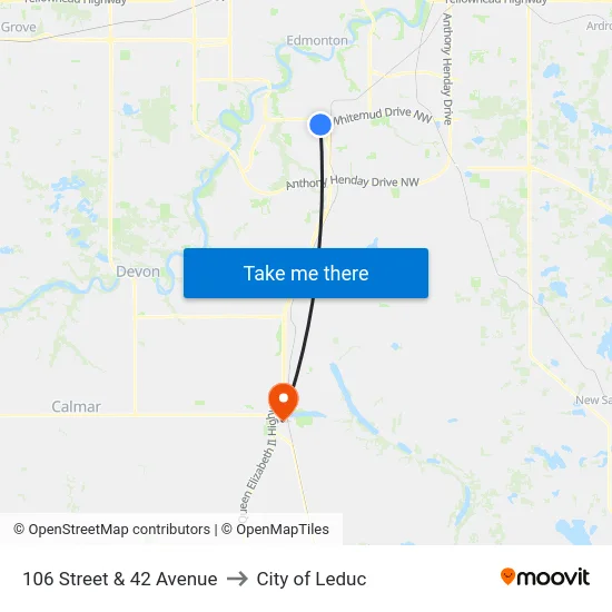106 Street & 42 Avenue to City of Leduc map