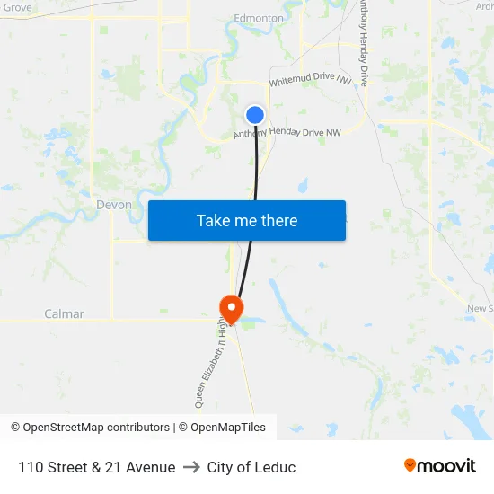 110 Street & 21 Avenue to City of Leduc map