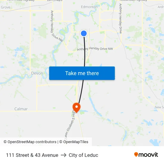 111 Street & 43 Avenue to City of Leduc map