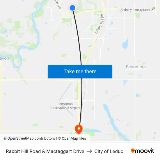 Rabbit Hill Road & Mactaggart Drive to City of Leduc map