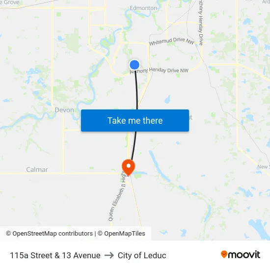 115a Street & 13 Avenue to City of Leduc map