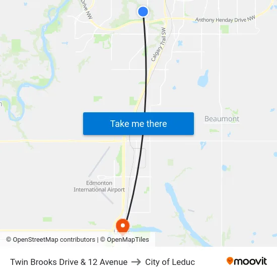 Twin Brooks Drive & 12 Avenue to City of Leduc map