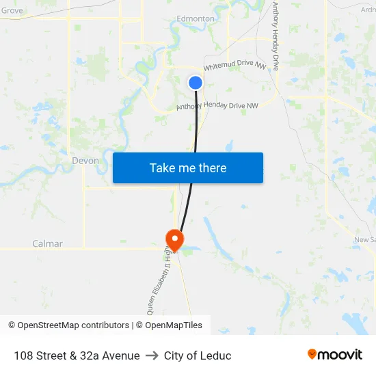 108 Street & 32a Avenue to City of Leduc map