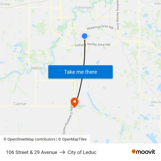 106 Street & 29 Avenue to City of Leduc map