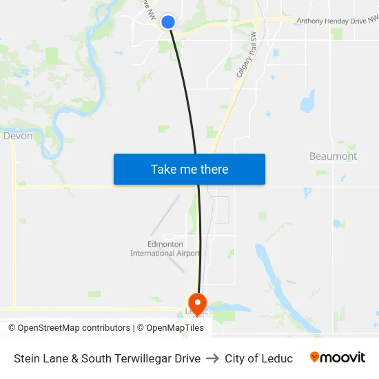 Stein Lane & South Terwillegar Drive to City of Leduc map
